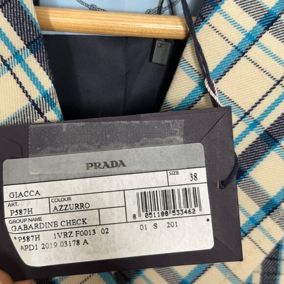 PRADA Double Breasted Gabardine Check Plaid Blazer Jacket Azzuro Blue Cream 2019 - Picture 8 of 12